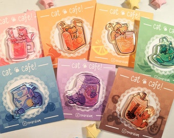 Cat Cafe Glitter Acrylic Pin | Kawaii Kitty Drink Pin