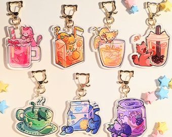 Cat Cafe Keychains | cute cat charms | kawaii keychains | drinks acrylic charms | boba charm | tea charm | aesthetic charms | kitty charms