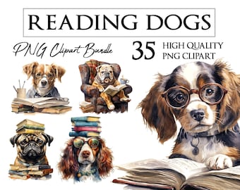 Cute Reading Dogs | Watercolor | Books, Book, Reader | PNG ClipArt Bundle | Card Making