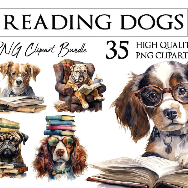 Cute Reading Dogs | Watercolor | Books, Book, Reader | PNG ClipArt Bundle | Card Making