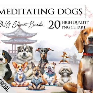 Mediterende honden | Aquarel | Zen, yoga | PNG ClipArt-bundel | Kaarten maken
