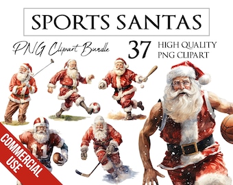 Sports Santa | Watercolor | Christmas, Active, Fitness, Exercise | PNG ClipArt Bundle | Card Making