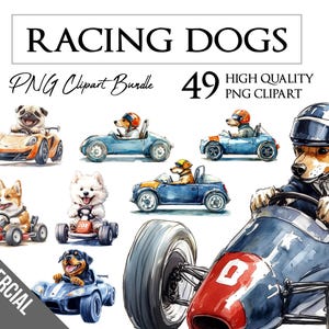 Schattige racehonden | Aquarel | Auto's, motorsport | PNG ClipArt-bundel | Kaarten maken