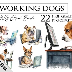 かわいい働く犬 | 水彩画 | コンピューター、ラップトップ、オフィス | PNG クリップアート バンドル | カード作成