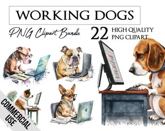 Cute Working Dogs | Watercolor | Computer, Laptop, Office | PNG ClipArt Bundle | Card Making