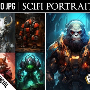 May include: A collection of 200 sci-fi portraits featuring a variety of characters, including a robotic woman with white and silver armor, a red robot with a large head, a green monster with glowing eyes, and a gorilla wearing a futuristic suit.