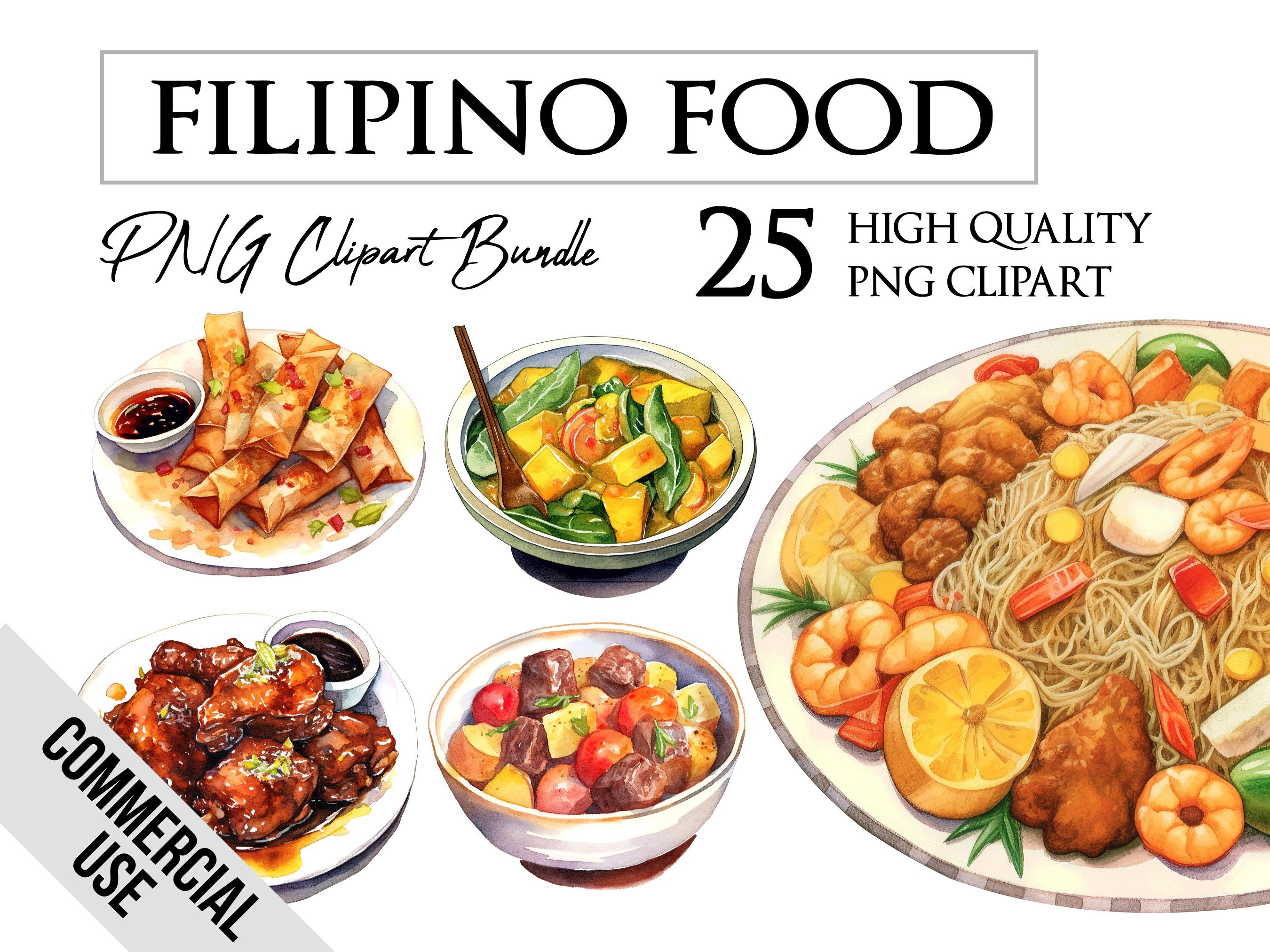 Filipino Food Watercolor Asian Food PNG Clipart Bundle Card Making Menu