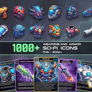 Może przedstawiać: Kolekcja ikon grafiki cyfrowej w stylu science fiction, przedstawiająca broń, zbroje i karty kolekcjonerskie. Ikony obejmują różne hełmy, blastery i zbroje na klatkę piersiową w żywych kolorach. Tekst brzmi "1000+ WEAPONS AND ARMOR SCI-FI ICONS".