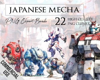 Japanese Mecha | Watercolor | Robot, Anime | PNG ClipArt Bundle | Card Making