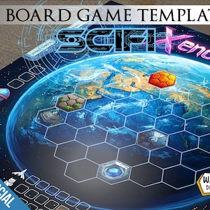 Puede incluir: Una plantilla de juego de mesa de ciencia ficción con un planeta azul y verde similar a la Tierra con una cuadrícula hexagonal superpuesta. El texto "SCIFI" y "X-node" son visibles en la imagen. El texto "COMMERCIAL USE" también es visible en la imagen.