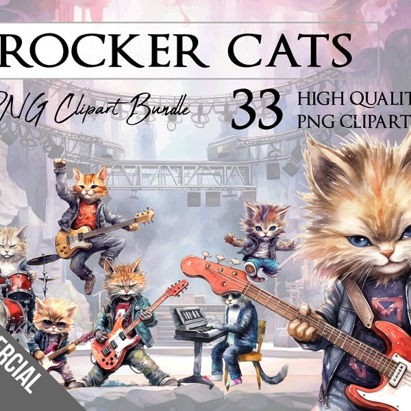 Cute Rocker Cats | Watercolor | Guitar, Drums, Music | PNG ClipArt Bundle | Card Making