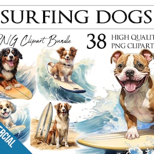 Lindos perros surfistas / Acuarela / Surfista, Playa, Verano / PNG ClipArt Bundle / Fabricación de tarjetas
