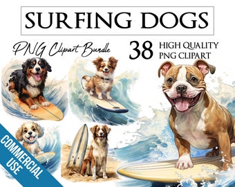 Cute Surfing Dogs | Watercolor | Surfer, Beach, Summer | PNG ClipArt Bundle | Card Making