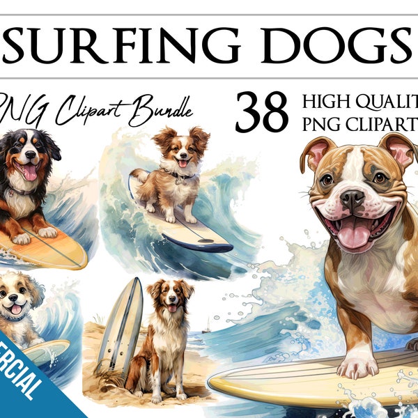 Cute Surfing Dogs | Watercolor | Surfer, Beach, Summer | PNG ClipArt Bundle | Card Making