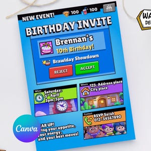 May include: A blue birthday invitation with the text "BIRTHDAY INVITE" and "Brennan's 10th Birthday!" The invitation includes details for the event, such as the date, time, and location. The invitation also has the text "REJECT" and "ACCEPT".