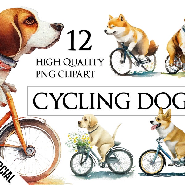 Cute Cycling Dogs | Watercolor | Fitness and Bicycle | PNG ClipArt Bundle | Card Making