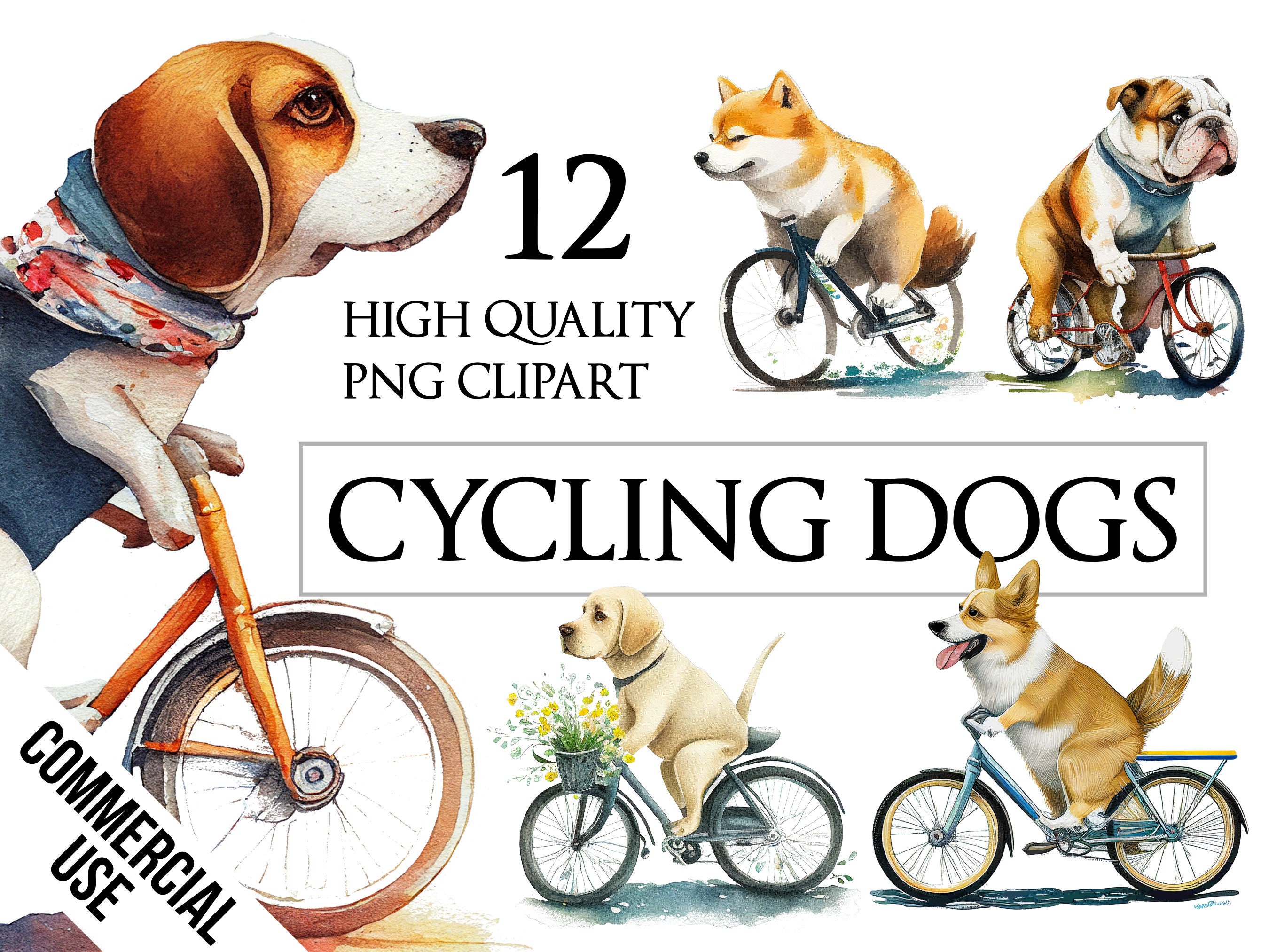 Cute Cycling Dogs | Watercolor | Fitness and Bicycle | PNG ClipArt Bundle | Card Making