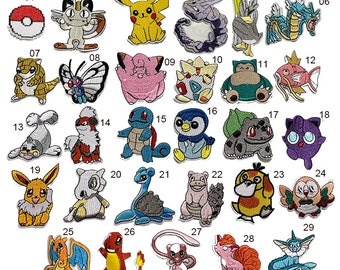 Pokemon,Iron on Patches,Sew on,Patch,Pikachu, Pokeball,Bulbasaur, Meowth, Denim,Embroidery,Eevee, Charizard, Charmander, Squirtle, Cartoon