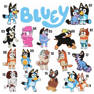 May include: A selection of sixteen embroidered patches featuring characters from the animated series "Bluey." The patches depict various dogs in different poses and colours, with the word "BLUEY" in light blue above them. Each patch is numbered for easy identification.