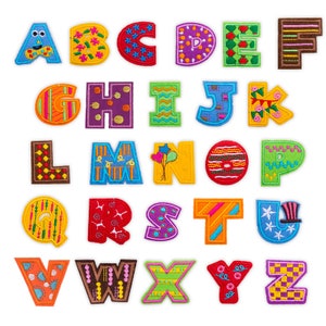 May include: A set of embroidered alphabet letters in various colours. Each letter has a unique design with patterns and colours, including blue, yellow, red, and green. The letters are arranged in a grid, displaying the entire alphabet.