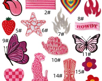 Hot Pink Iron on Patches,Tongue,Star,Fire,Butterfly,Pink Leopard,Boots,Flowers,Hat,Heart,Flag,Patch Embroidered appliqué