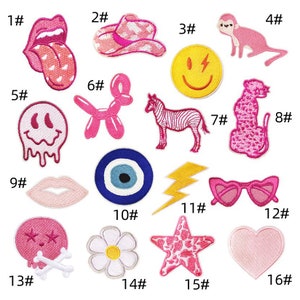 May include: A selection of embroidered patches in diverse designs and colours. The patches feature a pair of lips, a cowboy hat, a smiley face, a monkey, a melting smiley face, a balloon dog, a zebra, a leopard, lips, an evil eye, a lightning bolt, heart-shaped sunglasses, a skull, a daisy, a star, and a heart.