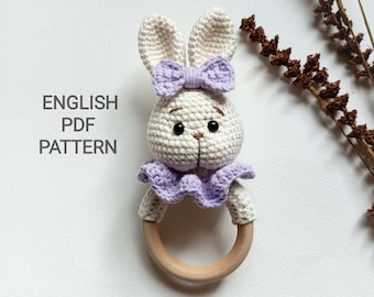 Crochet Bunny Rattle Pattern in English: Amigurumi Toy (PDF)