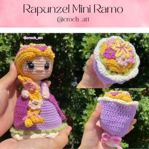Peut inclure: Poupée Raiponce au crochet avec des cheveux jaunes, une robe violette et une couronne de fleurs. La poupée mesure environ 15 cm de haut. L'image montre également un bouquet de fleurs au crochet et une liste de matériaux et d'abréviations.