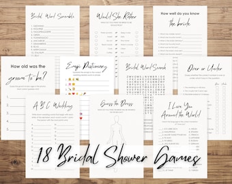 May include: A set of 18 printable bridal shower games with a black and white design. The games include "Bridal Word Scramble", "World She Rather", "How Well Do You Know The Bride", "How Old Was The Groom To Be?", "Emoji Dictionary", "Bridal Word Search", "Over Or Under", "ABC Wedding", "Guess The Dress", and "I Love You Around The World".