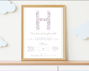 Personalized picture with letters made of flowers, picture for birth with dates of birth, as a gift, gift for a baptism