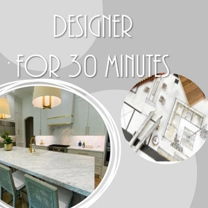 May include: A white kitchen island with a marble worktop and two light blue chairs. The island is in front of a white kitchen with gold accents. The text "ZOOM WITH A DESIGNER FOR 30 MINUTES" is in white text on a grey background. The website address "HAUSOFDRAKE.COM" is at the bottom of the image.