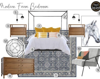 May include: A bedroom scene with a modern farmhouse aesthetic. Features a dark metal canopy bed, wooden dressers, a patterned rug, and a watercolor horse print. Includes accent pillows, a patterned chair, and wall sconces.
