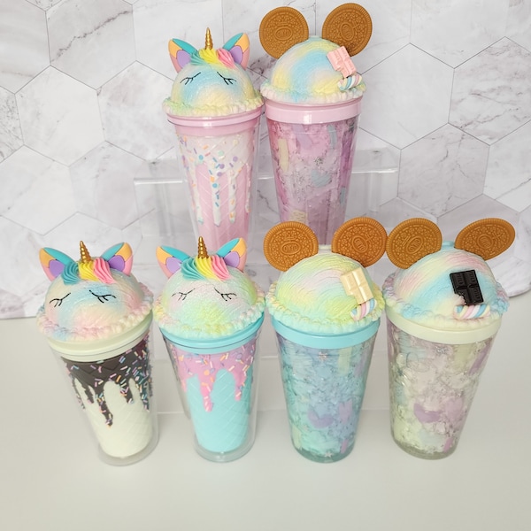 Personalized Unicorn Double wall Tumbler Ice Cream Cookie Ears Cup 3D Candy  BPA Free 16oz Strawberry Mint Vanilla Ice cream flavor