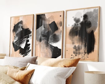 Impresión de acuarela abstracta, conjunto de 3, conjunto de impresión digital moderna beige negro, paisaje abstracto, arte de pared imprimible del dormitorio, descarga digital