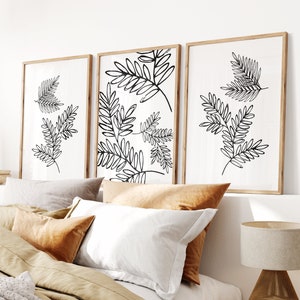 Black and White Botanical Leaves Print Set of 3, Bedroom Wall Decor, Living room Wall Art, Botanical Print Set, Neutral Art Prints Decor