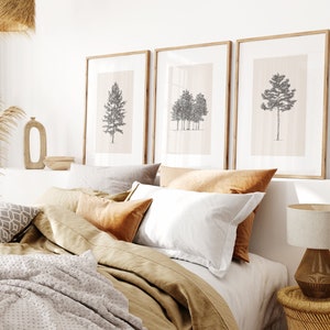 Tree Sketch Print Set of 3 in Black White and Beige, Botanical Print Wall Art Set, Bedroom Decor, Digital Download, Tree Art, Modern Prints