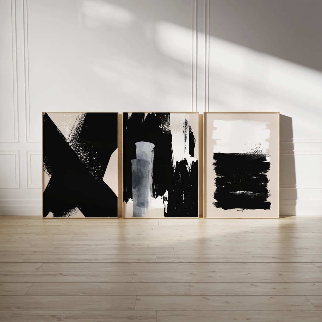 Black Abstract Art Print Set of 3, Black White and Beige Watercolor ...