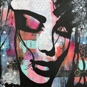 SALE!! Unique Acrylic Collage Art, Large Contemporary Art, Female Portrait, Wall Art, Colourful Art, Abstract Female Portrait, colourful art