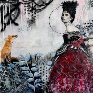 SALE!! Unique Acrylic Collage Art, Large Contemporary Art, Female Portrait, Animal Portrait, Wall Art,  Abstract Portrait, colourful art