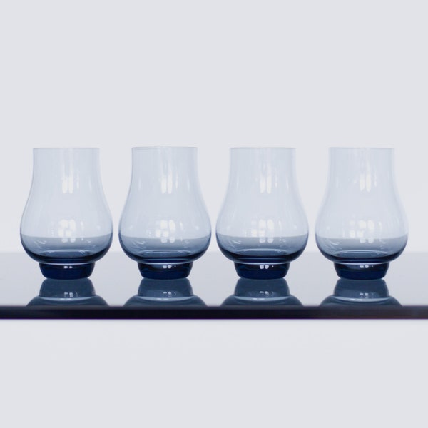 Set of 4 Vintage Dusky Blue Smoked Glass Tulip Drinking Glasses Tumblers | MCM Glassware