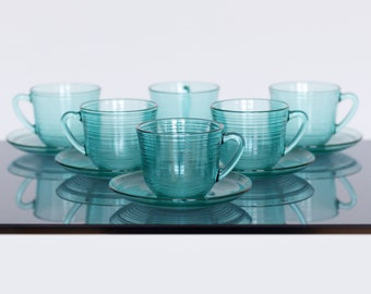 Set of 6 Arcoroc France Turquoise Textured Tempered Glass Jardiniere Cups and Saucers | Vintage 1980s