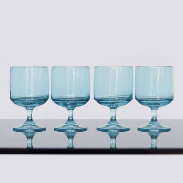 Set of 4 1970s Blue Turquoise Rummers Glasses | MCM Vintage Barware