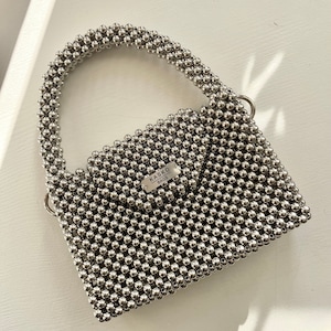 Handmade Silver Beaded Bag: Crystal Pearl Evening Purse