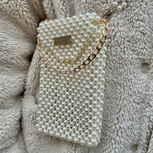 Handmade Cream Pearl Beaded Phone Bag with Chain