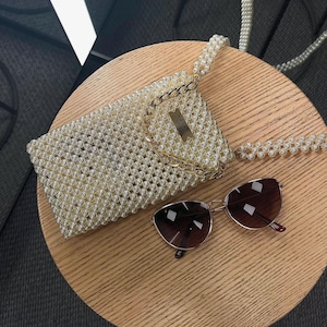 Handmade Cream Pearl Beaded Phone Bag with Chain