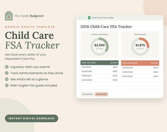 May include: A digital Google Sheets template titled 2026 Child Care FSA Tracker. The interface displays two circular progress charts for claims submitted and reimbursed, alongside tables for tracking dates and dollar amounts for dependent care expenses.