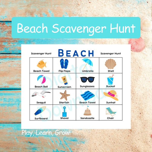 Printable Beach Scavenger Hunt, Summer Scavenger Hunt, Outdoor Scavenger Hunt, Beach Treasure Hunt, Kids Party Game, Kids Activities