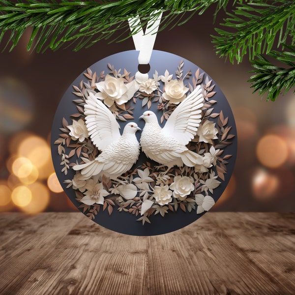 3D Turtle Doves Christmas Ornament Sublimation PNG, Instant Digital Download ONLY, Christmas Round Ornament PNG, 3D Bird Wrap