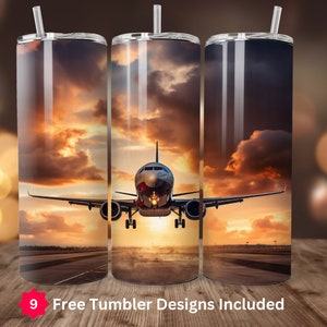 Airplane Taking Off Against Vibrant Sky 20oz Straight Sublimation Design Digital Download ONLY 20oz Skinny Tumbler Wrap PNG Pilot PNG