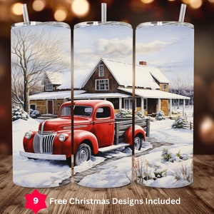 Christmas Red Truck Tumbler Wrap 20oz Skinny Sublimation Design Digital Download ONLY 20oz Straight Tumbler Wrap PNG Home for the Holidays